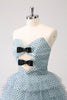 Load image into Gallery viewer, Blue A Line Tiered Dotted Strapless Graduation Dress with Bows