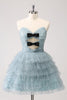 Load image into Gallery viewer, Blue A Line Tiered Dotted Strapless Graduation Dress with Bows