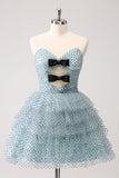 Blue A Line Tiered Dotted Strapless Graduation Dress with Bows