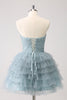 Load image into Gallery viewer, Blue A Line Tiered Dotted Strapless Graduation Dress with Bows