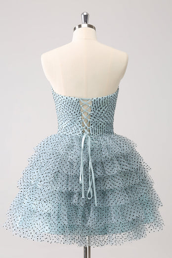 Blue A Line Tiered Dotted Strapless Graduation Dress with Bows