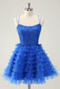 Load image into Gallery viewer, Blue A Line Spaghetti Straps Tulle Cute Graduation Dress with Ruffles