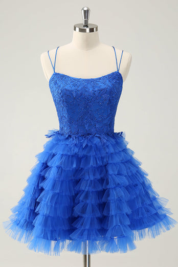 Elegant Blue A Line Spaghetti Straps Tulle Graduation Dress with Ruffles