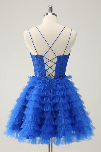 Elegant Blue A Line Spaghetti Straps Tulle Graduation Dress with Ruffles