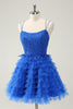 Load image into Gallery viewer, Blue A Line Spaghetti Straps Tulle Cute Graduation Dress with Ruffles