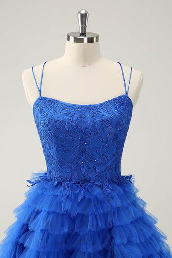 Blue A Line Spaghetti Straps Tulle Cute Graduation Dress with Ruffles