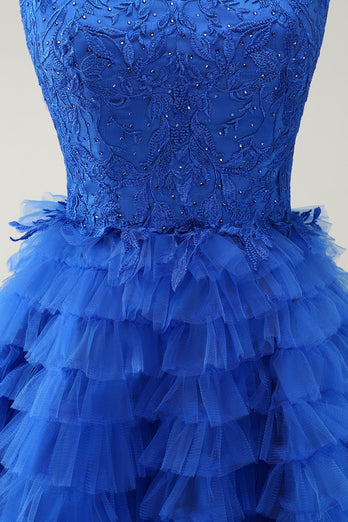 Blue A Line Spaghetti Straps Tulle Cute Graduation Dress with Ruffles