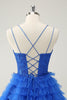 Load image into Gallery viewer, Blue A Line Spaghetti Straps Tulle Cute Graduation Dress with Ruffles