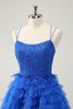 Load image into Gallery viewer, Blue A Line Spaghetti Straps Tulle Cute Graduation Dress with Ruffles