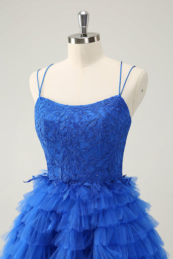 Blue A Line Spaghetti Straps Tulle Cute Graduation Dress with Ruffles