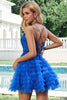 Load image into Gallery viewer, Blue A Line Spaghetti Straps Tulle Cute Graduation Dress with Ruffles