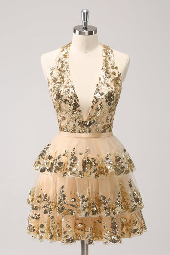 Sparkly Gold A Line Halter Tiered Backless Short Graduation Dress with Sequins