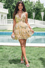 Load image into Gallery viewer, Sparkly Gold A Line Halter Tiered Backless Short Graduation Dress with Sequins