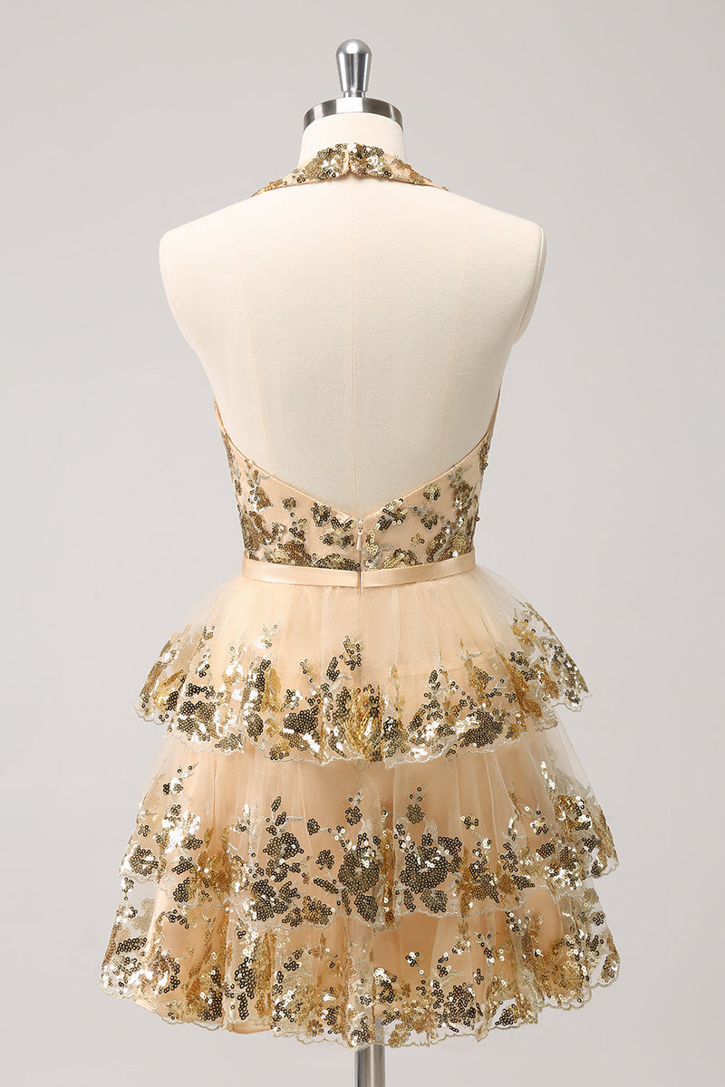 Load image into Gallery viewer, Sparkly Gold A-Line Halter Tiered Sequined Backless Short Graduation Dress