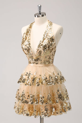 Sparkly Gold A-Line Halter Tiered Sequined Backless Short Graduation Dress