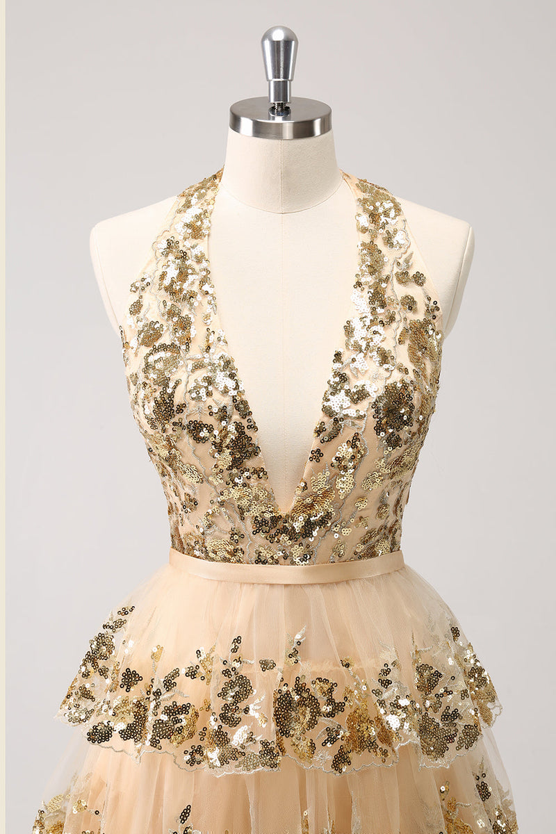 Load image into Gallery viewer, Sparkly Gold A-Line Halter Tiered Sequined Backless Short Graduation Dress