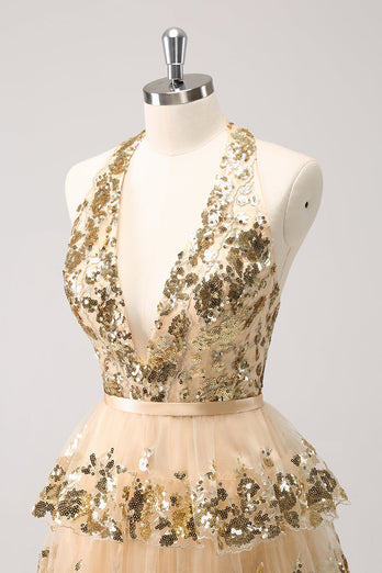 Sparkly Gold A-Line Halter Tiered Sequined Backless Short Graduation Dress