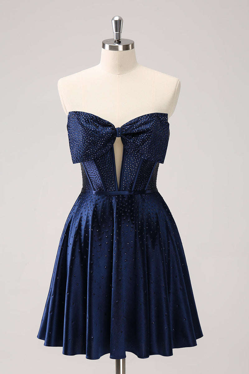 Load image into Gallery viewer, Sparkly Navy Beaded Corset Hollow Out Short Graduation Dress With Bow