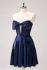 Load image into Gallery viewer, Sparkly Navy Beaded Corset Hollow Out Short Graduation Dress With Bow