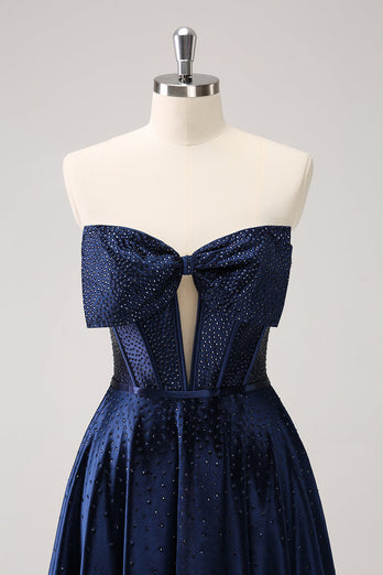 Sparkly Navy Beaded Corset Hollow Out Short Graduation Dress With Bow