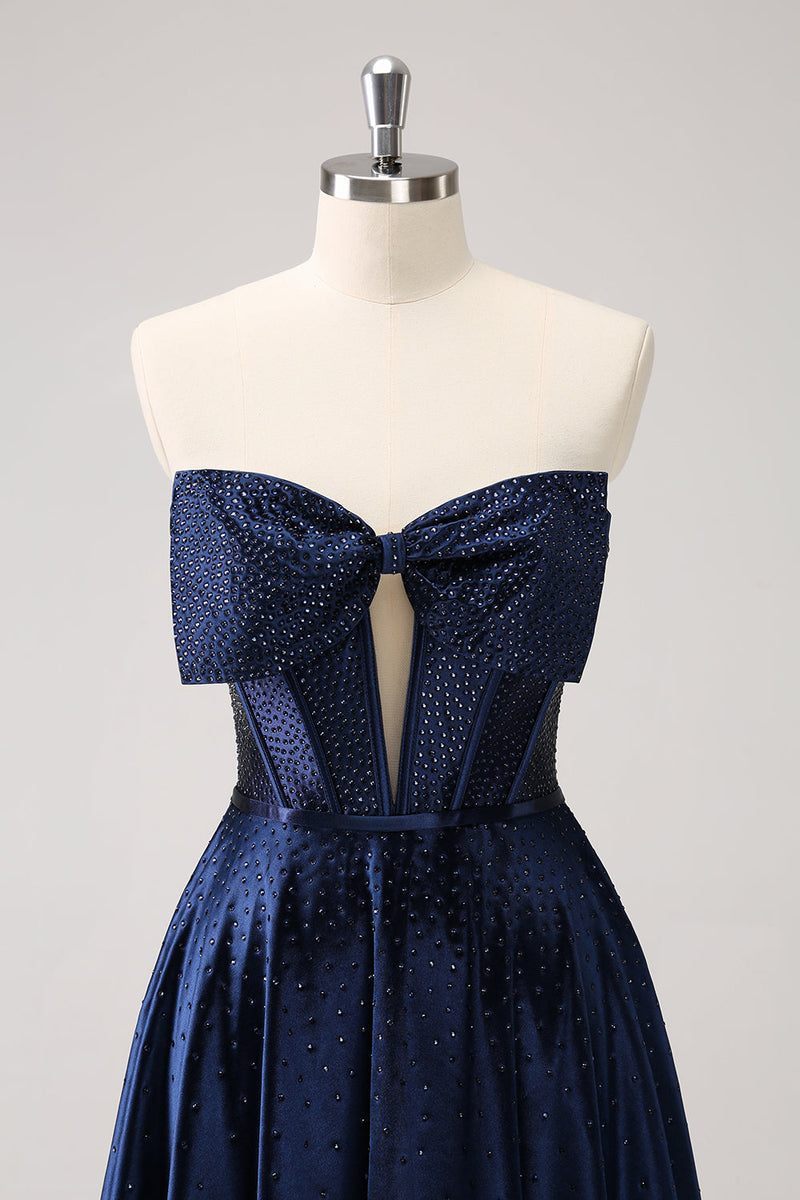 Load image into Gallery viewer, Sparkly Navy Beaded Corset Hollow Out Short Graduation Dress With Bow