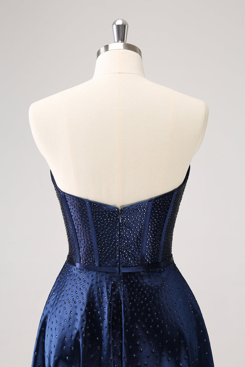 Load image into Gallery viewer, Sparkly Navy Beaded Corset Hollow Out Short Graduation Dress With Bow