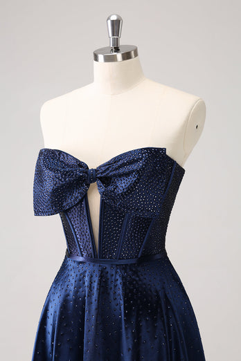 Sparkly Navy Beaded Corset Hollow Out Short Graduation Dress With Bow