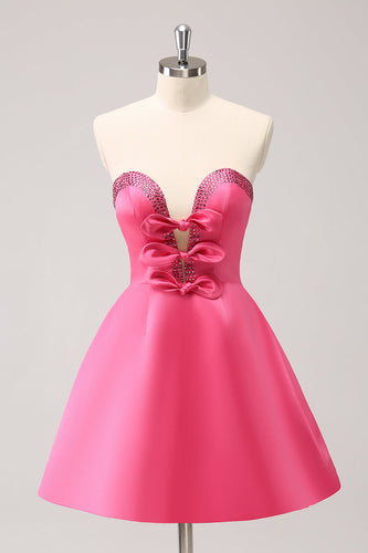 Sparkly Fuchsia A-Line Beaded Strapless Graduation Dress with Bows