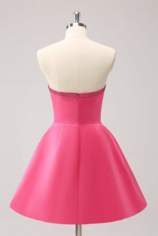 Sparkly Fuchsia A-Line Beaded Strapless Graduation Dress with Bows