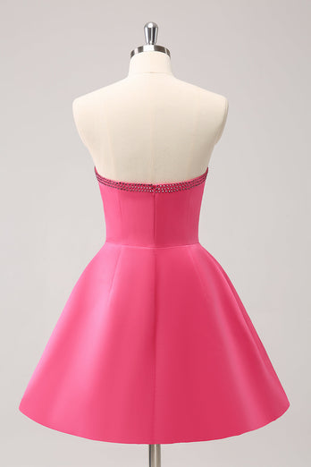 Sparkly Fuchsia A-Line Beaded Strapless Graduation Dress with Bows