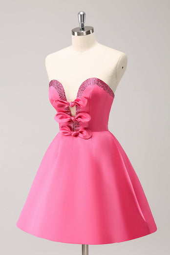 Sparkly Fuchsia A-Line Beaded Strapless Graduation Dress with Bows