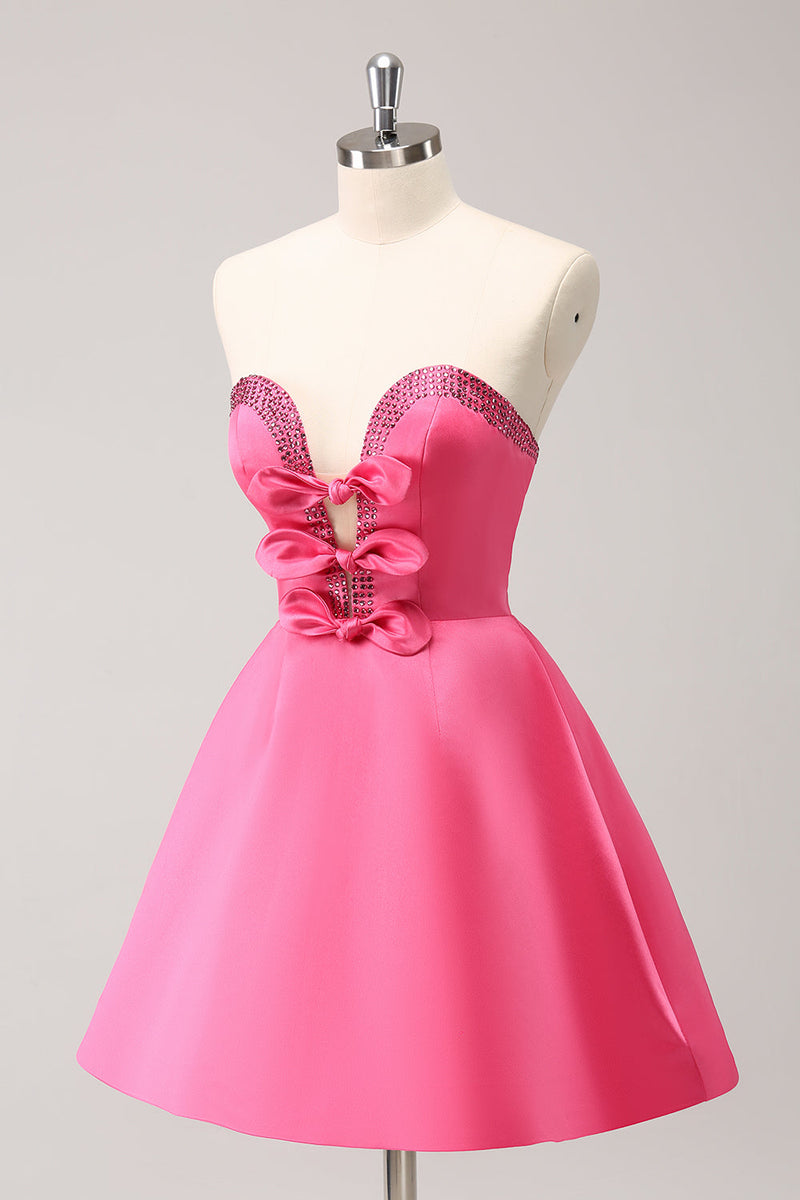 Load image into Gallery viewer, Sparkly Fuchsia A-Line Beaded Strapless Graduation Dress with Bows