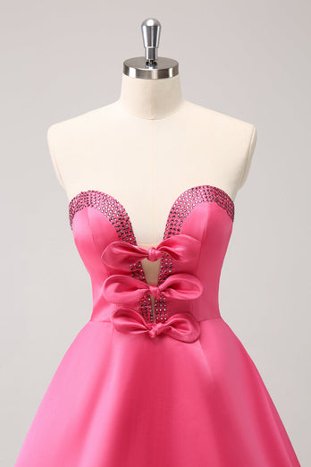 Sparkly Fuchsia A-Line Beaded Strapless Graduation Dress with Bows