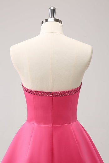 Sparkly Fuchsia A-Line Beaded Strapless Graduation Dress with Bows