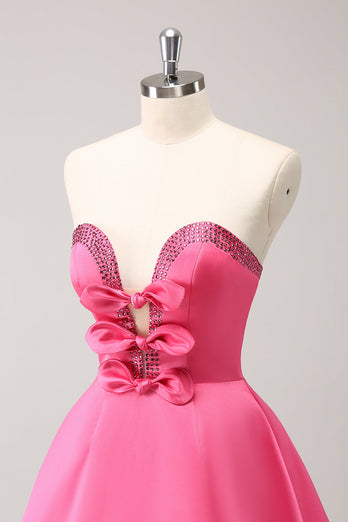 Sparkly Fuchsia A-Line Beaded Strapless Graduation Dress with Bows