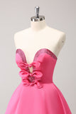 Sparkly Fuchsia A-Line Beaded Strapless Graduation Dress with Bows