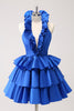 Load image into Gallery viewer, Royal Blue A-Line Halter Tiered Short Graduation Dress with Ruffles