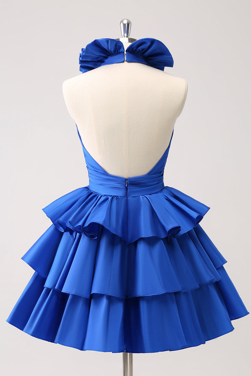 Load image into Gallery viewer, Royal Blue A-Line Halter Tiered Short Graduation Dress with Ruffles