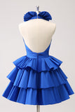 Royal Blue A-Line Halter Tiered Short Graduation Dress with Ruffles