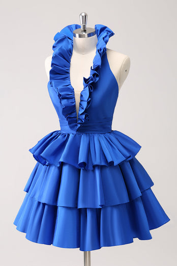 Royal Blue A-Line Halter Tiered Short Graduation Dress with Ruffles