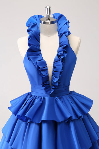 Royal Blue A-Line Halter Tiered Short Graduation Dress with Ruffles