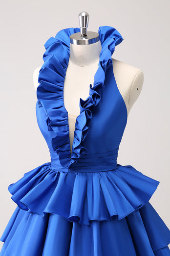 Royal Blue A-Line Halter Tiered Short Graduation Dress with Ruffles