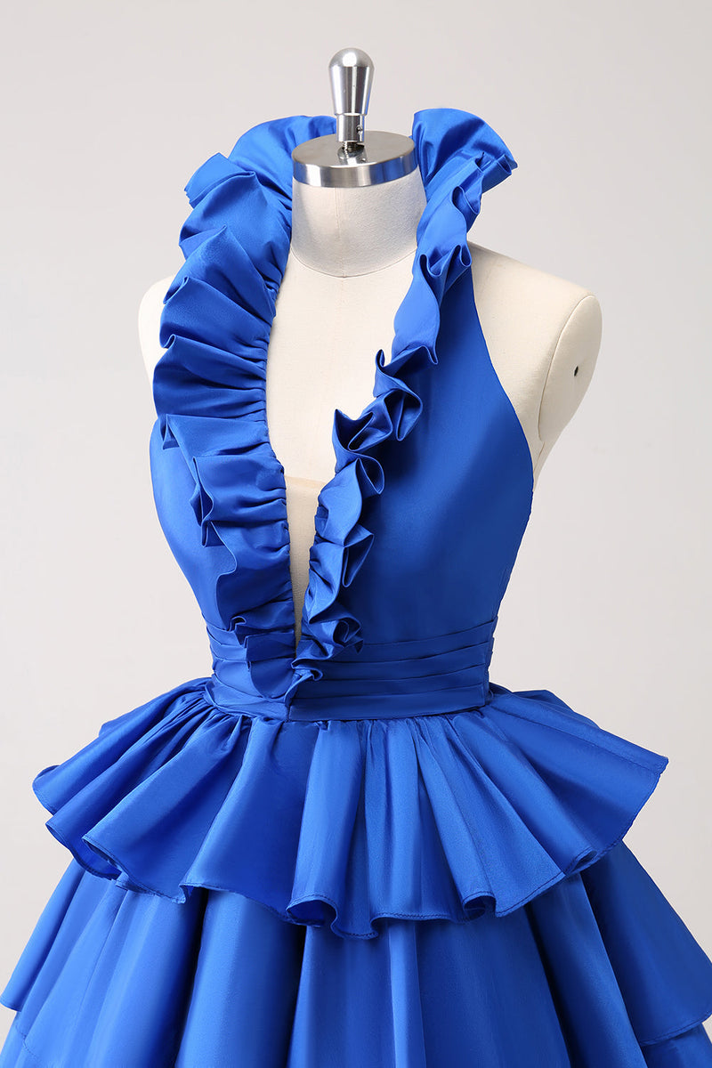 Load image into Gallery viewer, Royal Blue A-Line Halter Tiered Short Graduation Dress with Ruffles