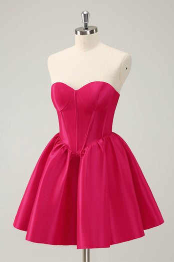 Fuchsia A Line Sweetheart Corset Satin Cute Graduation Dress