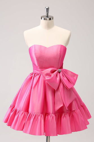 Fuchsia A-Line Strapless Ruffle Short Graduation Dress with Bow