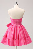 Fuchsia A-Line Strapless Ruffle Short Graduation Dress with Bow
