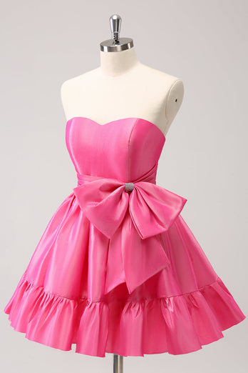 Fuchsia A-Line Strapless Ruffle Short Graduation Dress with Bow