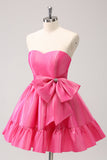 Fuchsia A-Line Strapless Ruffle Short Graduation Dress with Bow