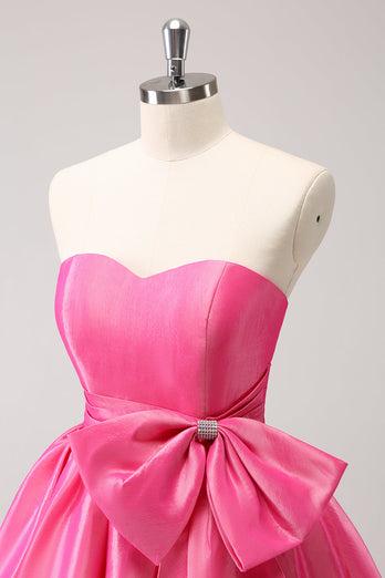 Fuchsia A-Line Strapless Ruffle Short Graduation Dress with Bow