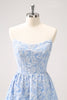 Load image into Gallery viewer, Blue Floral Strapless A-Line High Low Bridesmaid Dress